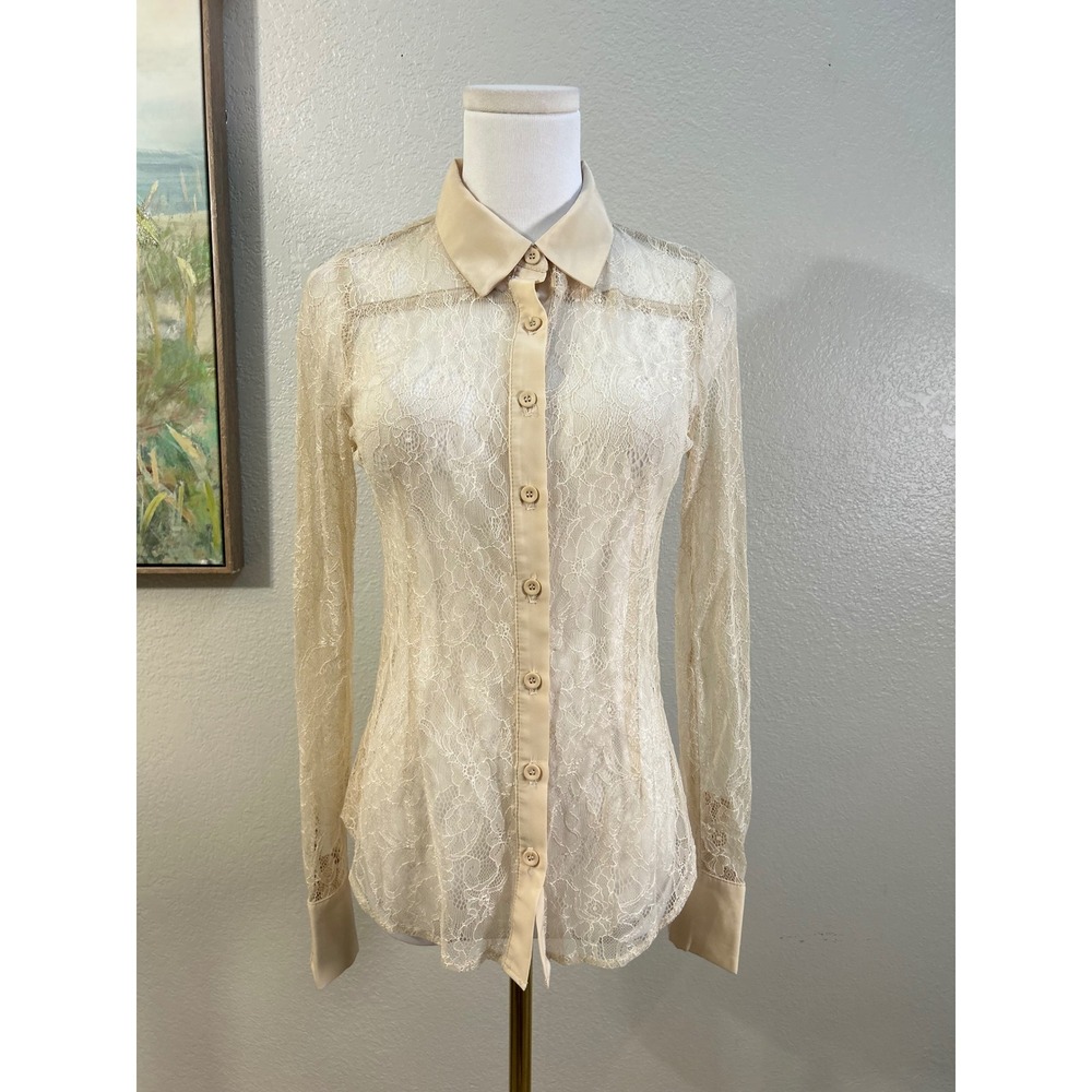 Max & Mia Sheer Lace Button Up Blouse Cream Romantic Cottagecore Small
